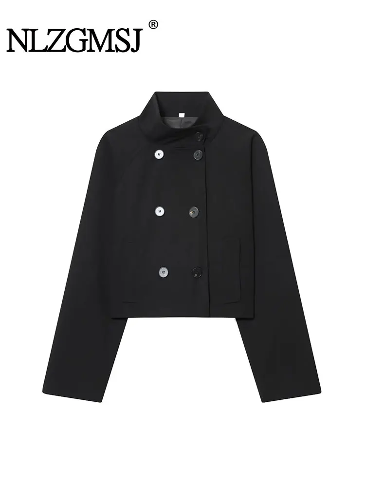 NLZGMSJ الوقوف طوق المرأة سترة معطف 2025 الخريف مزدوجة الصدر فضفاضة الإناث طويلة الأكمام سترة عالية الشارع معطف قصير غير رسمي #1