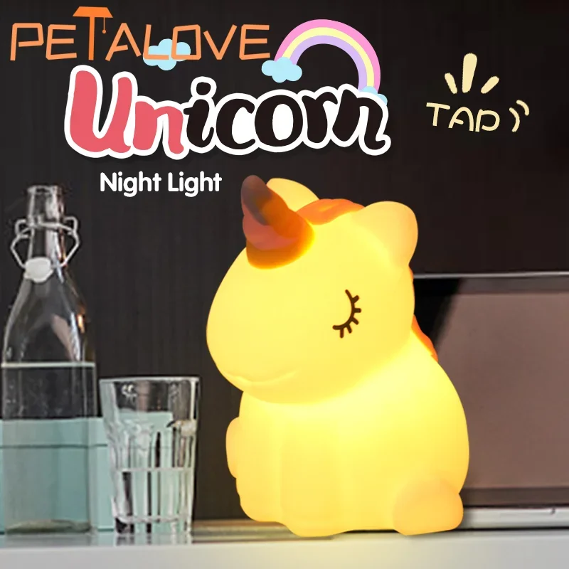 Rechargeable Silicone Patting Lamp Unicorn LED Night Lamp Dimmable Cartoon Animal Bedside Bedroom Mood Light Creative Gift