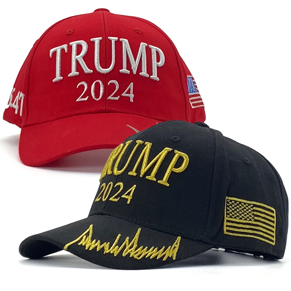 Donald Trump 2024 Embroidered Baseball Cap Adjustable Snapback Design Red Black 45 47 USA Flag Patriotic Hat with Signature