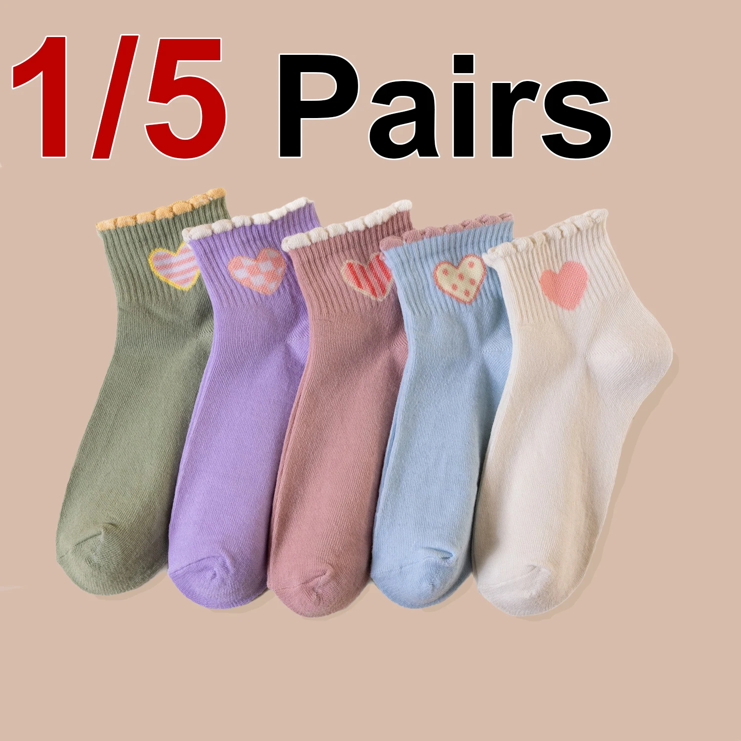 1/5 Paar Damen-Mid-Tube-Socken mit Herz-Aufdruck, modischer, süßer Rüschen-Stil, weiche und bequeme Freizeitsocken für vier Jahreszeiten