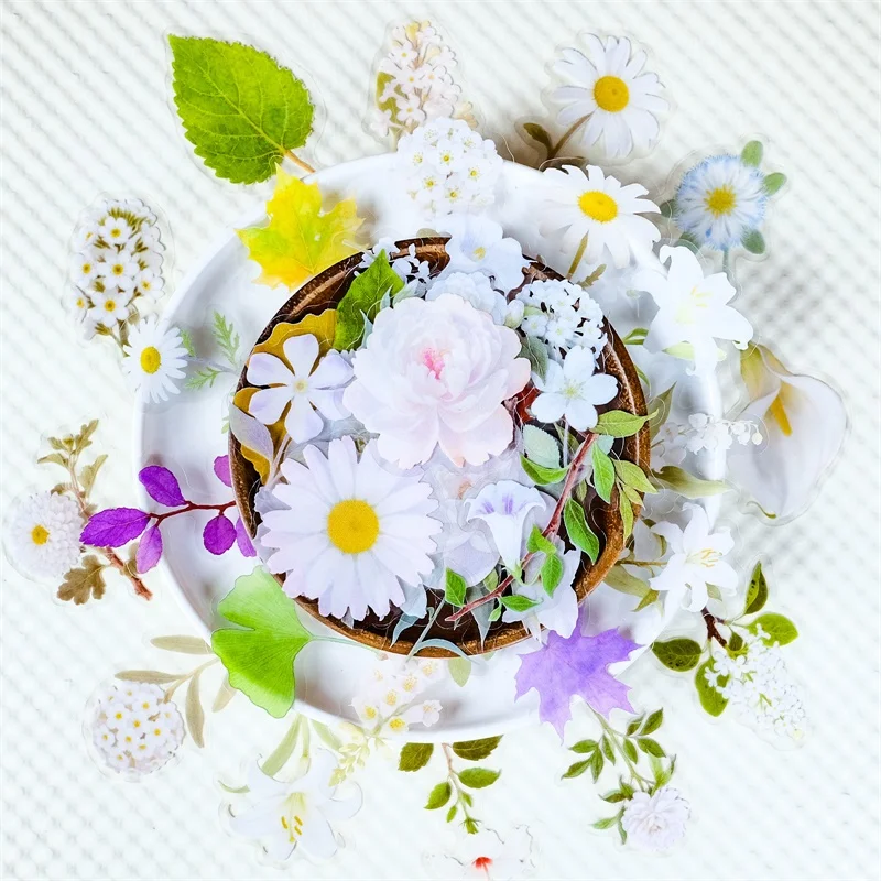 

50PCS Kawaii White Flower PET Sticker Aesthetic Hand Accounting Transparent DIY Decoration Scrapbooking Supplies for Kids