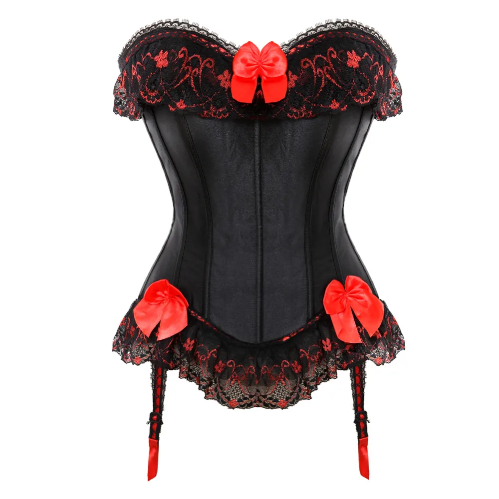 Overbust Bustier Corset Sexy Satin Lace Up Side Zip Bowknot Women Corsets Lingerie Body Bodyshaper Slimming Tops Plus Size