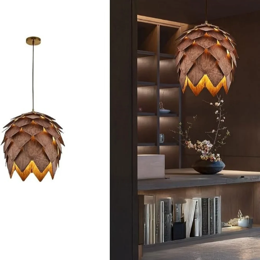 3 Light Pinecone Shade Chandelier Natural Woody Lights Adjustable Height Ceiling Hanging Light Dining Living Cafe Room Restauran