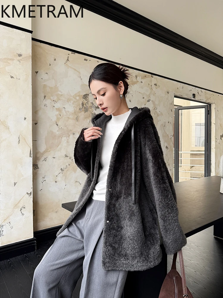 Natural Lagon Wool Sheepskin Double Faced Fur Jacket Woman Luxury Reversible Real Fur Coat with Hood Winter Clothes 2025 шуба