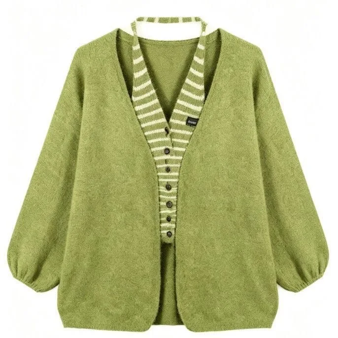 Women's Lazy Style Knit Cardigan, Loose V-neck Korean Striped Sweater Coat