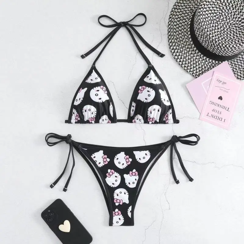 Anime peripheral cat pattern bikini set summer beach soft edge lace up underwear swimsuit cute and comfortable 2K style girl gif - view 4