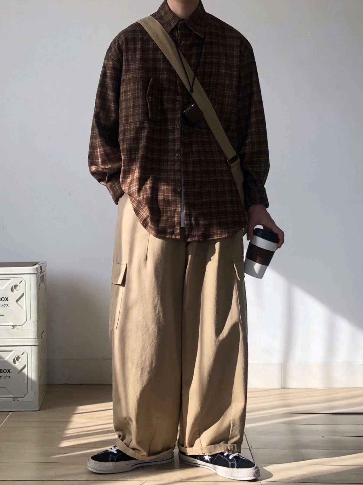 RICHMAN Vintage Japanese Style Long Sleeve Plaid Shirt Men Women Casual Loose Woolen Shirt Coffee Color Spring Autumn