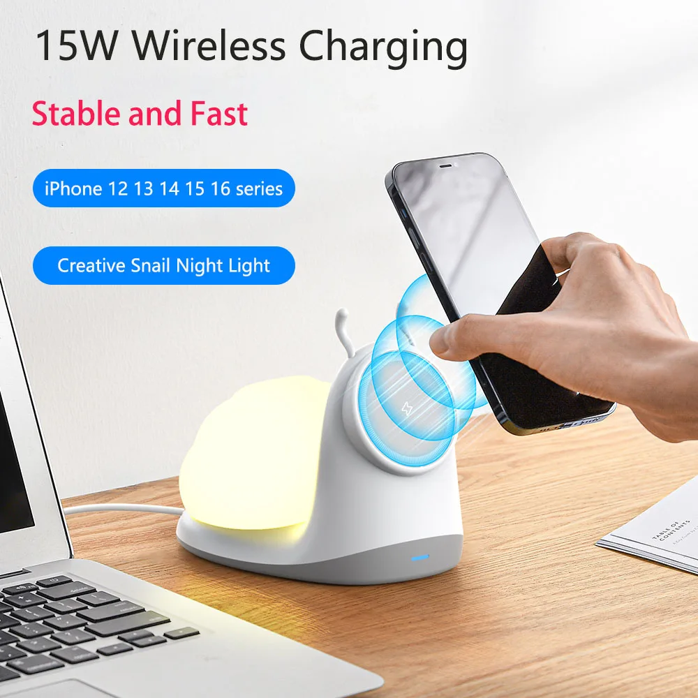 

15W Soft Snail Wireless Charger Desk Stand: 3-Mode Tap Night Light, Detachable Shell & Gentle White Glow, Compact Design