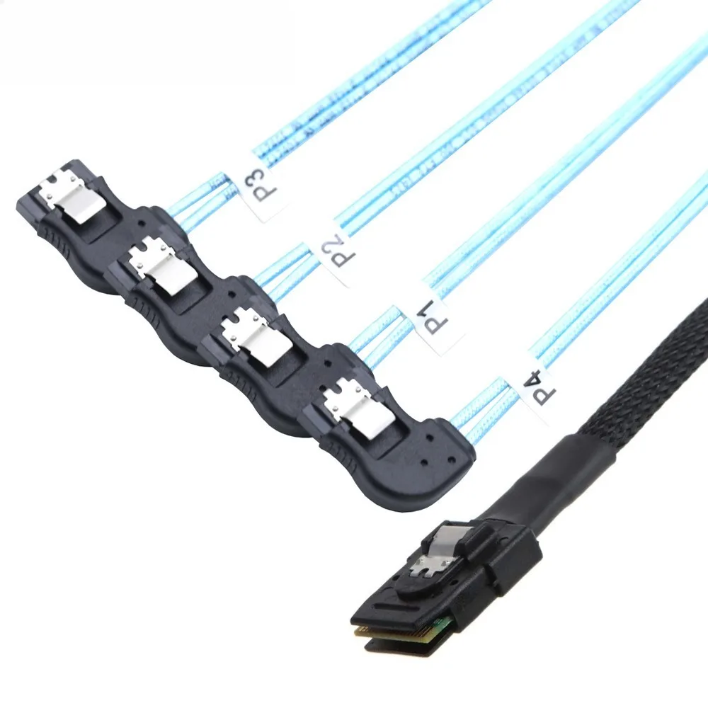 Mini SAS SFF-8087 Macho para 4 SATA 7P Fêmea Cabo de servidor de alta velocidade com curvatura direita - Ideal para transmissão de dados eficiente