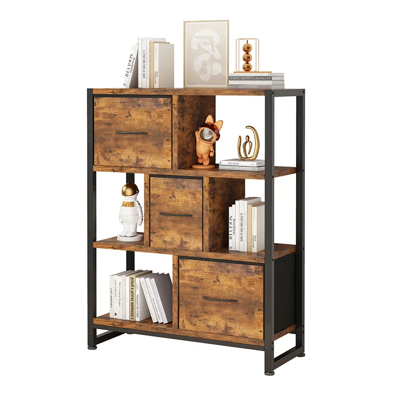 

Bookshelf Iron wood structure with drawers Country vintage brown study Living room Office