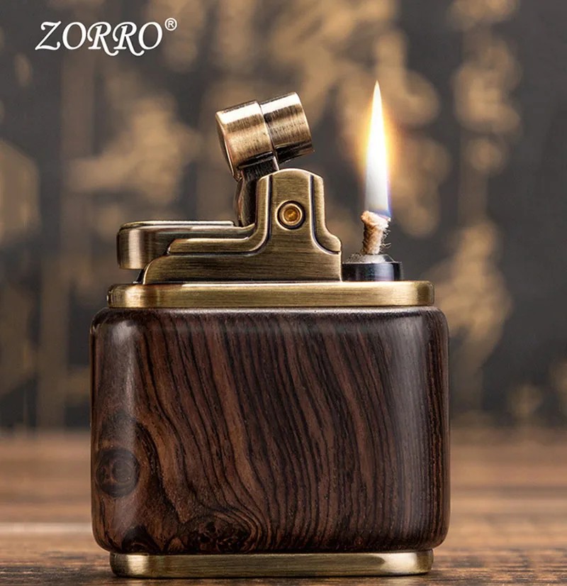 Zorro Pure Copper Kerosene Lighter. Handmade Wood Shell Press Ignition. Old Nostalgic Sandalwood Ebony Lighter Men Smoking Gift