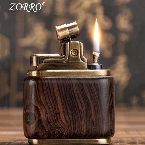 Zorro 순수 구리 등유 라이터. 수제 나무 쉘 프레스 점화. 남성용 올드 노스탤직 샌달우드 에보니 라이터, 흡연 선물 