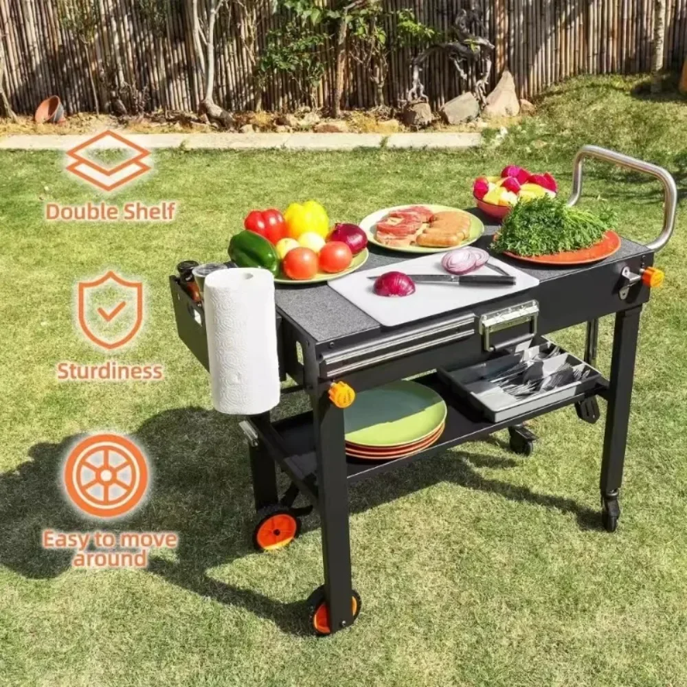 Portable Outdoor Grill Table, Folding Pizza Oven Stand Solid and Sturdy, Movable Kitchen Cooking Prep BBQ Cart with