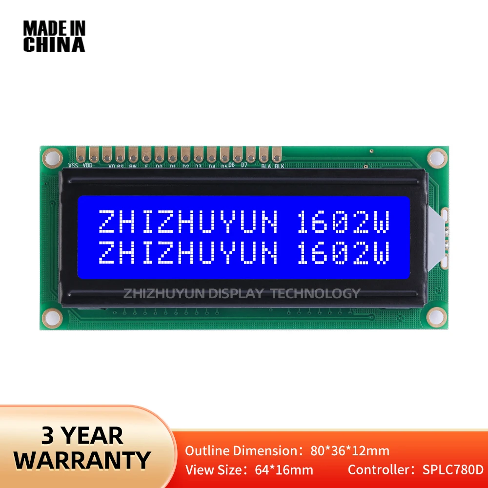 Pantalla de visualización de caracteres de 1602W, módulo de matriz de puntos gráficos LCD1602, pantalla de ángulo de visión amplio de 16x2, 64x16Mm, fabricante de la fuente