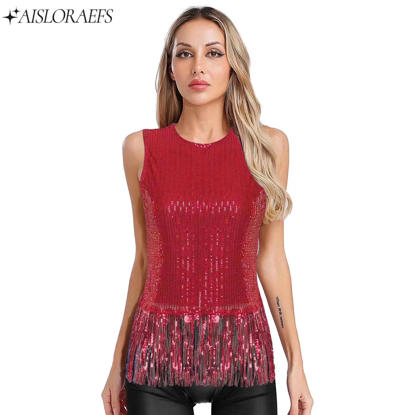 

Womens Latin Dance Tops Sparkly Sequins T-shirt Sleeveless Fringe Tank Top Pullover Shirt Vest Crop Top Fashion Party Clubwear