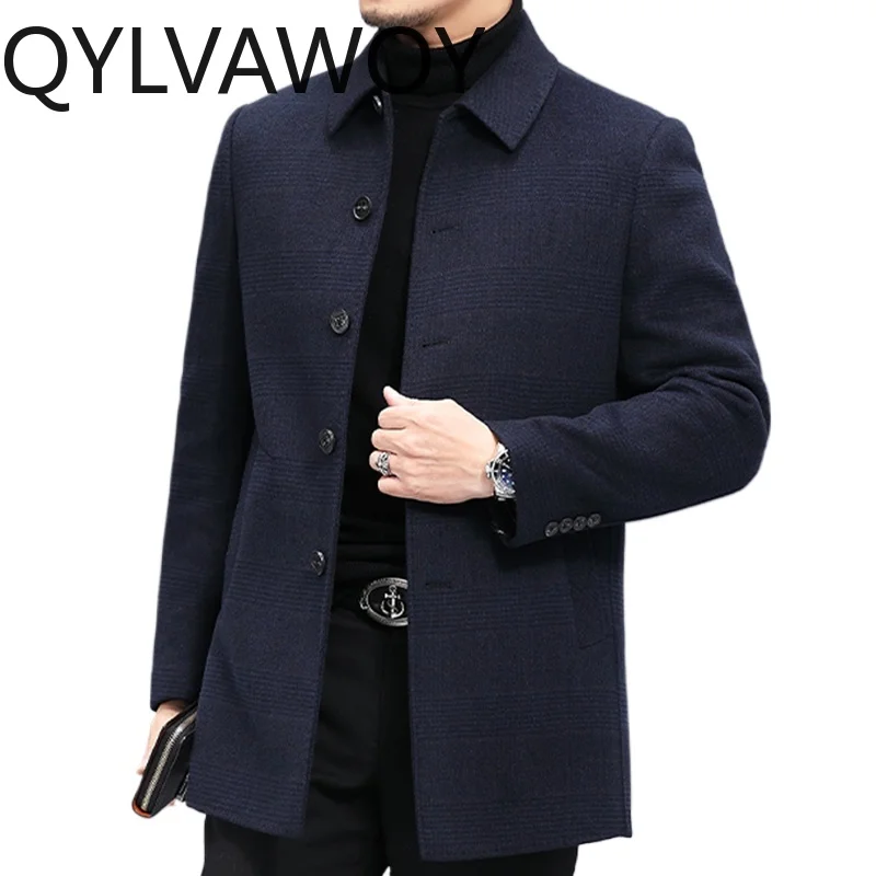 

QYLVAWOY 65% шерстяное мужское кашемировое пальто средней длины, повседневное двустороннее шерстяное твидовое пальто среднего возраста, шерстяное пальто с лацканами LJ2258