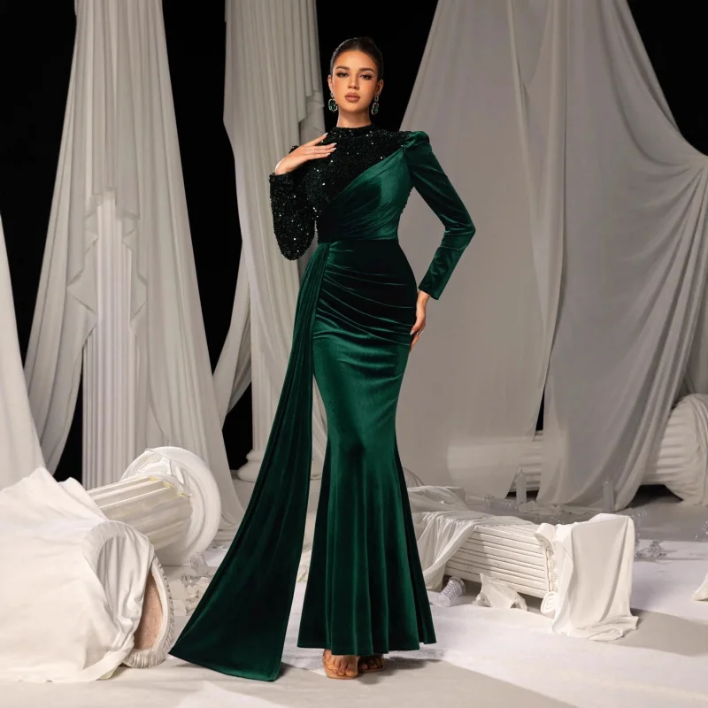 Elegant long green evening gown a classy lady hosting a company's annual party view 4