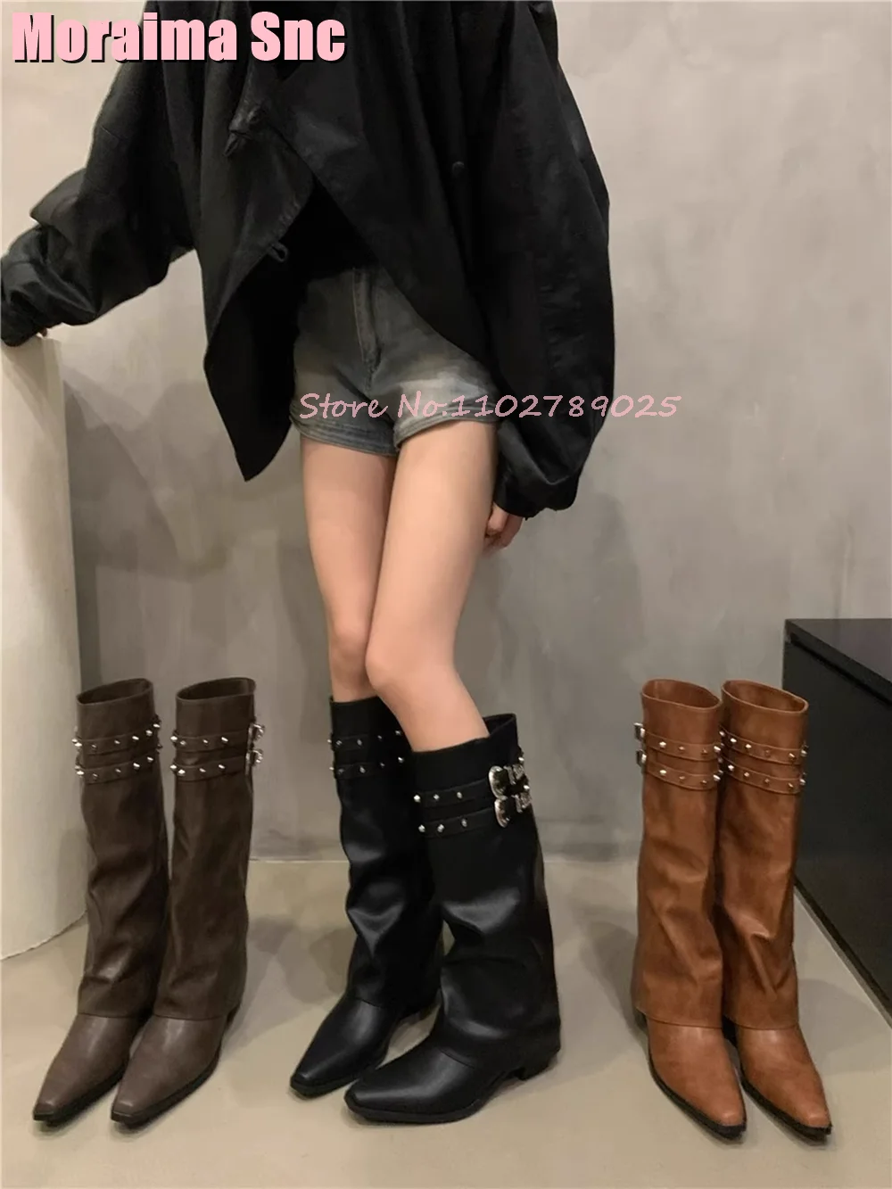 Unique Belt Buckle Rivet Knee High Boots Pointed Toe Slip On Block Mid Heel Fashion Vintage Women Long Boots Autumn Winter 2024