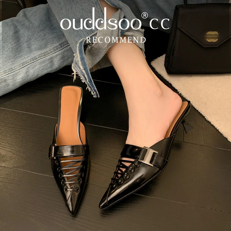 

ODS Summer Shoes Woman Sexy Thin Heel Pointed Toe Sandals Patent Leather Women Pumps French Style Mules Spring Autumn Simple