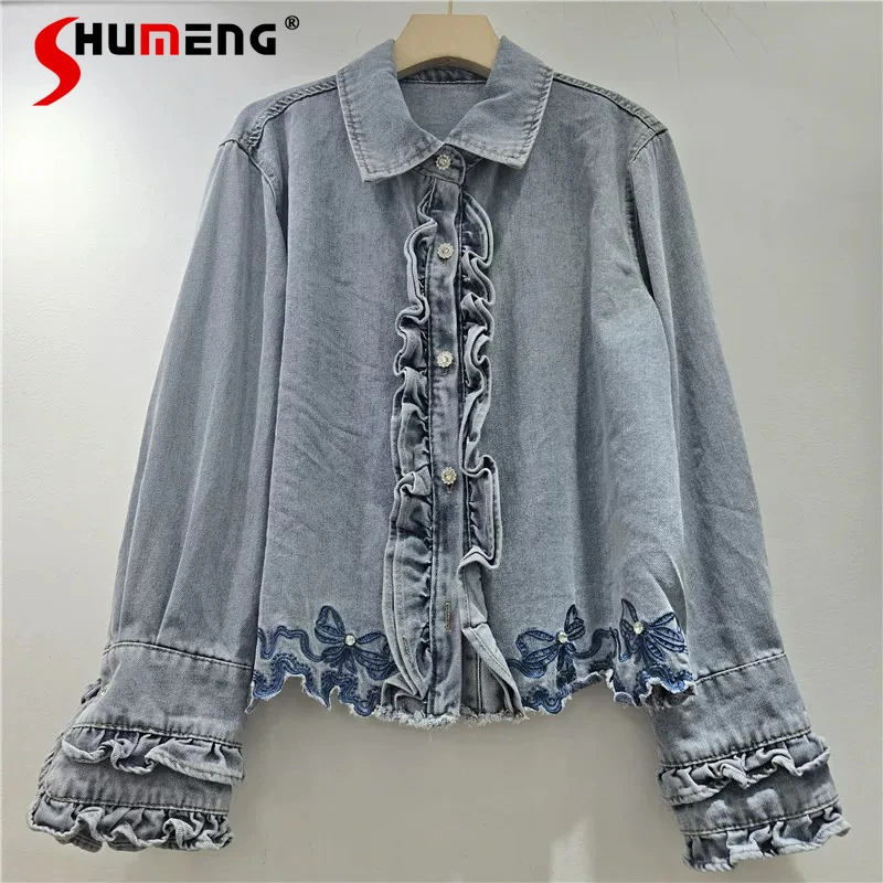 

Women's 2026 Spring New Butterfly Embroidered Stylish Lapel Denim Jackets Women's Wood Ear Edge Tops Ladies Elegant Denim Coats