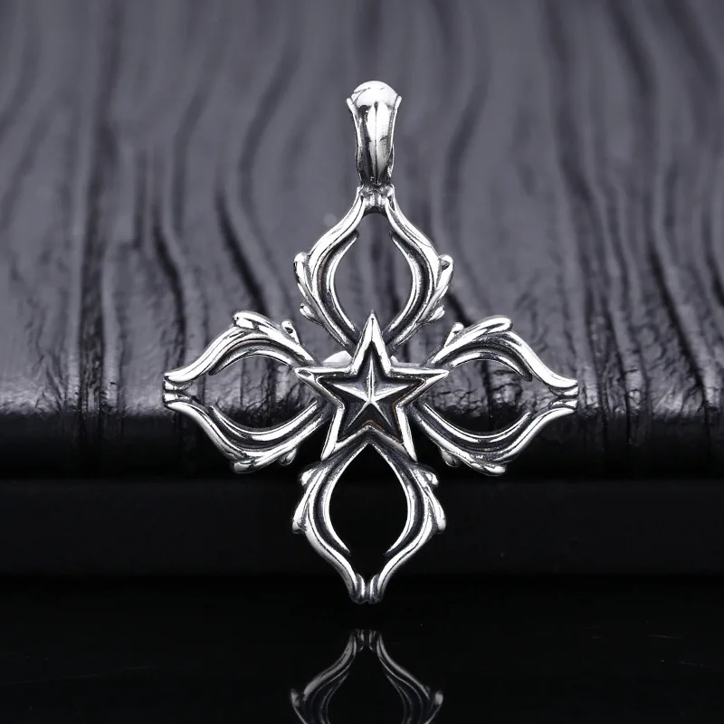 S925 Sterling Silver Star Pendant Black Color Old Process Cross JinGang Chu Design Unisex Fine Jewelry FYNE372