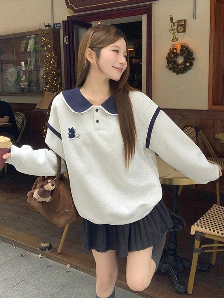 

Kawaii мультфильм вышивка толстовки женские консервативные милые пуловеры с воротником Питера Пэна свободные милые повседневные спортивные топы в стиле Харадзюку в стиле ретро