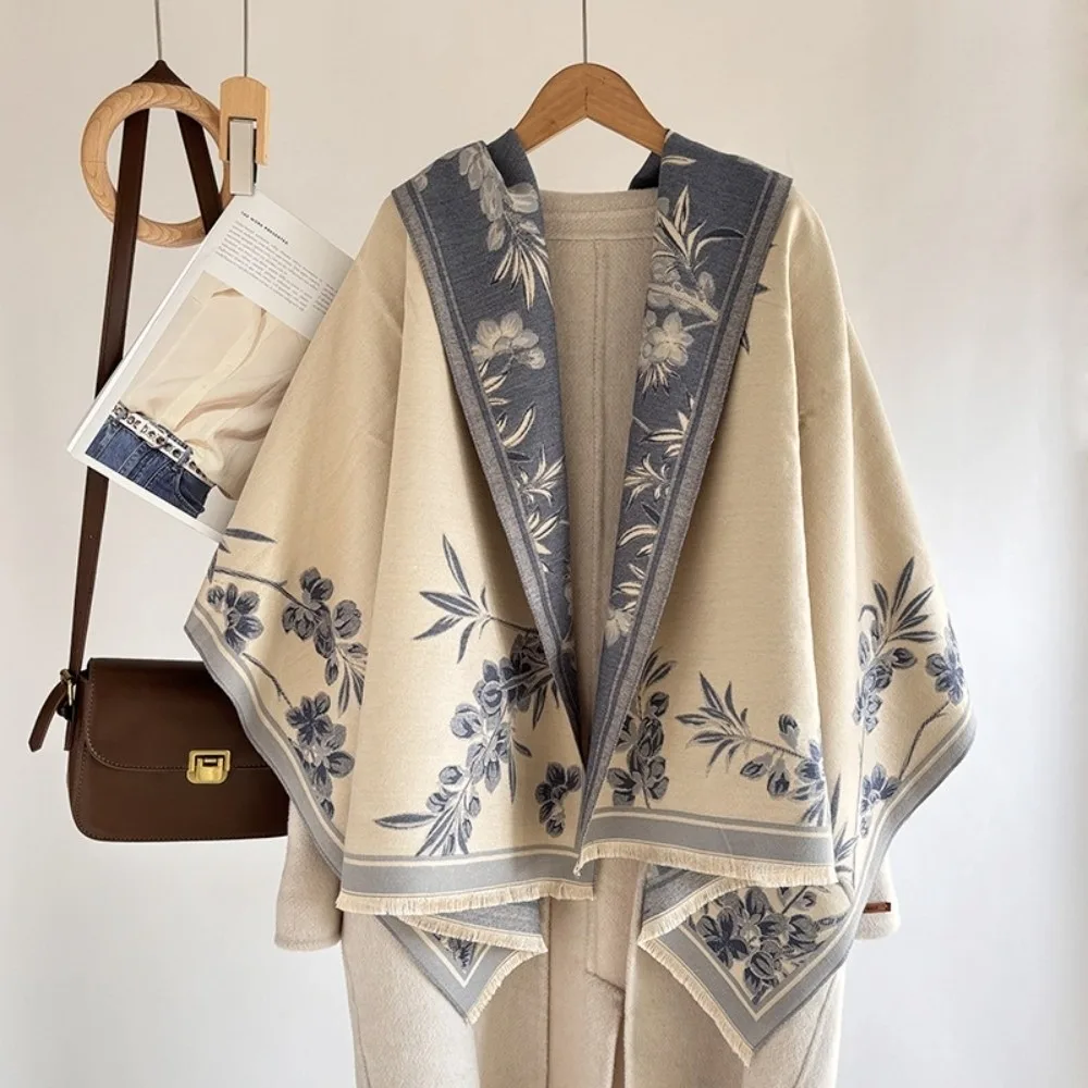 

Elegant Luxury Imitation Cashmere Scarf Floral Print Warm Poncho Scarves Thick Ethnic Style Winter Shawl for Women