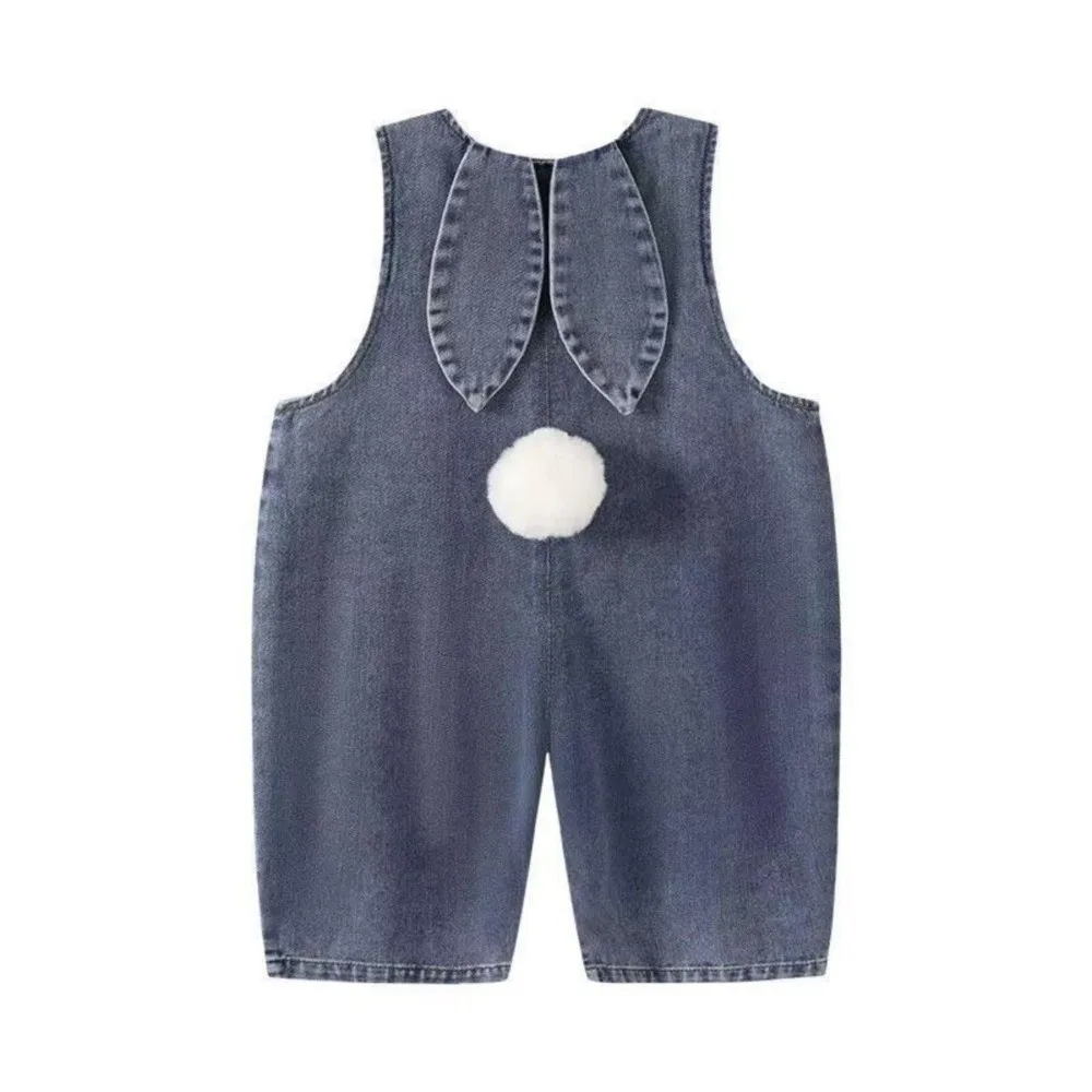 New Sleeveless Design Bunny Ear Romper Pom Pom Tail Rabbit Ear Denim Overall Pants Denim Jumpsuit Clothing