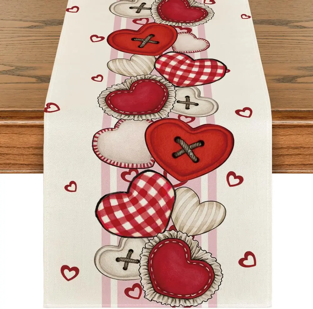 

Valentine's Day Love Heart Buttons Linen Table Runners Dresser Scarf Table Decor Anniversary Table Runner Home Party Decorations