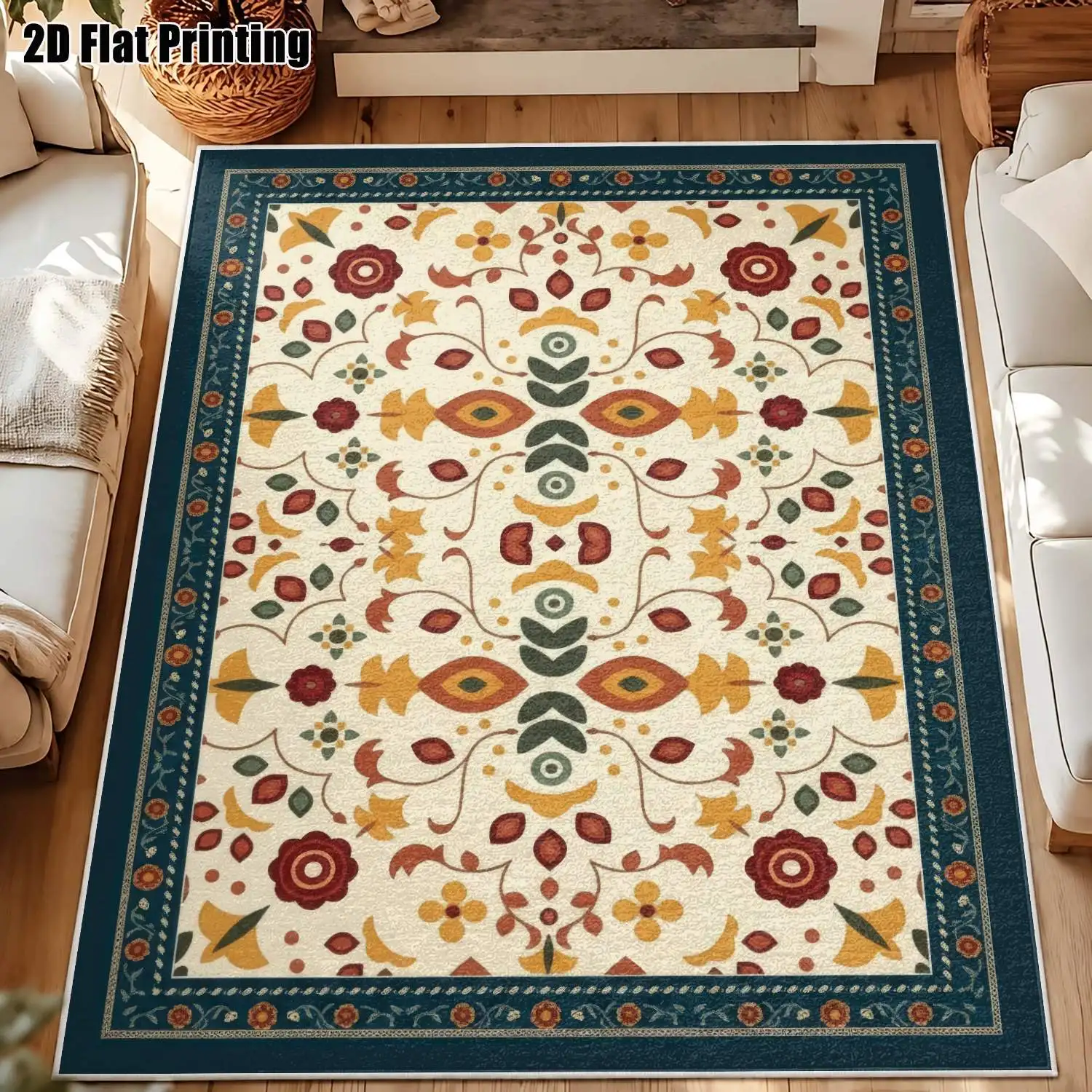 1Pc 2D Printed Retro Beige Floral Velvet Carpet, European/Bohemian/Geometric/Simple Retro Style, Multi-Size Machine Washable Home Decor Rug for Entryway, Dining Room, Foyer, Bedroom, Living Room