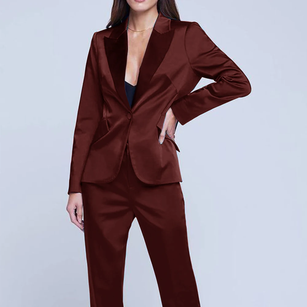 Women's Satin Suit Suit with Spliced ​​Collar Two-piece Comfortable and Slim 2024 New Single Button Simple (Jacket + Pants)