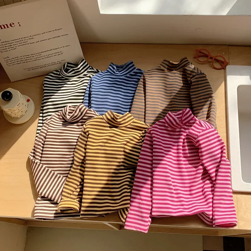 2-10T Toddler Kid Tshirt Baby Boy Girl Clothes Autumn Winter High Collar Cotton Infant T Shirt Striped Basic Tee Top Outfit