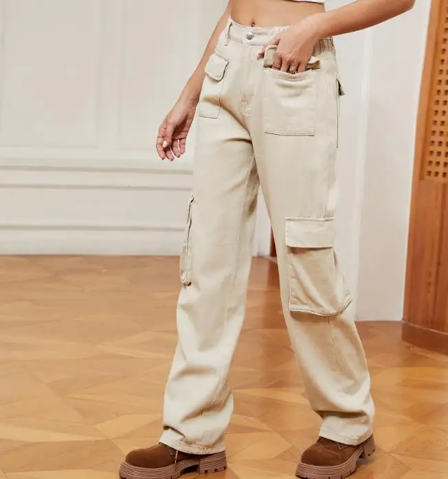 

2025 Retro Washed Elastic Multi Pocket Denim Work Pants for Women's Casual Personality, Slim Fit and Simple Denim Work Pants