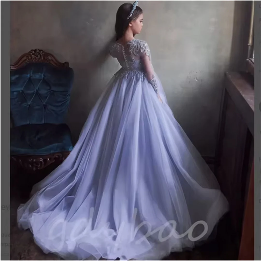 تول زهرة فتاة فستان الزفاف عيد ميلاد تول مطرز الأميرة الأزرق كامل الأكمام الاطفال فساتين حفلة التواصل الأول فستاين سهرة/فساتين الحفلات #3