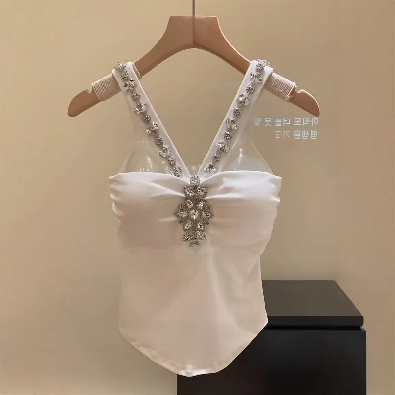 

Women's Camis Tanks French Heavy Industry Diamond Studded Hanging Neck Tank Top for Summer Slim Fit Outerwear Short Top