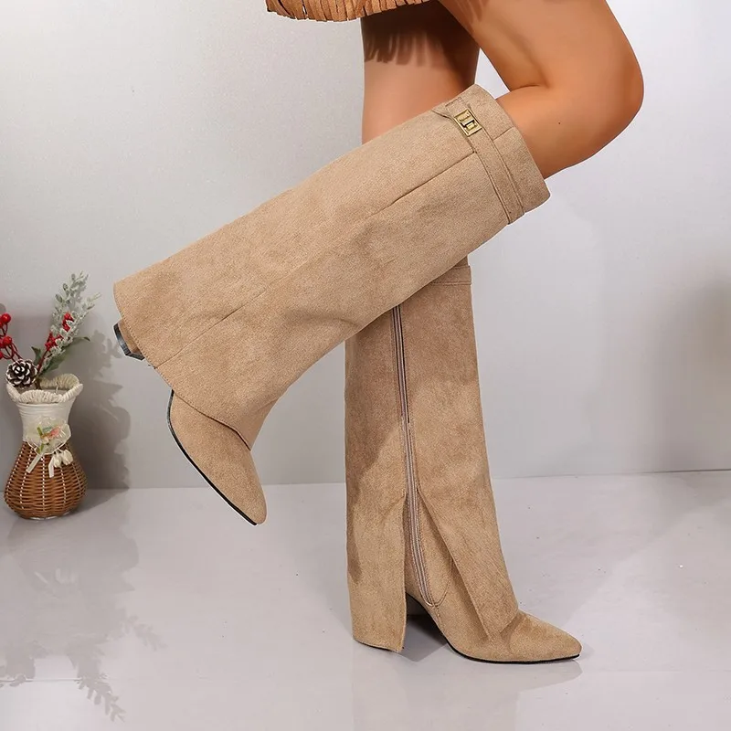 Black PU Leather Knee High Boots Women Sexy Pointed Toe Straight Leg Boots Side Zipper High Heel Coarse Following Ladies Shoes