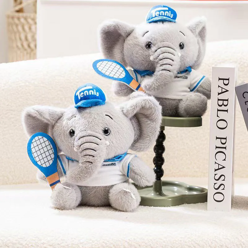 

Cute Tennis Elephant Plush Toy Soft Stuffed Animal Doll with Tennis Racket and Cap Cartoon Sport Style Gift for Family Kawaii