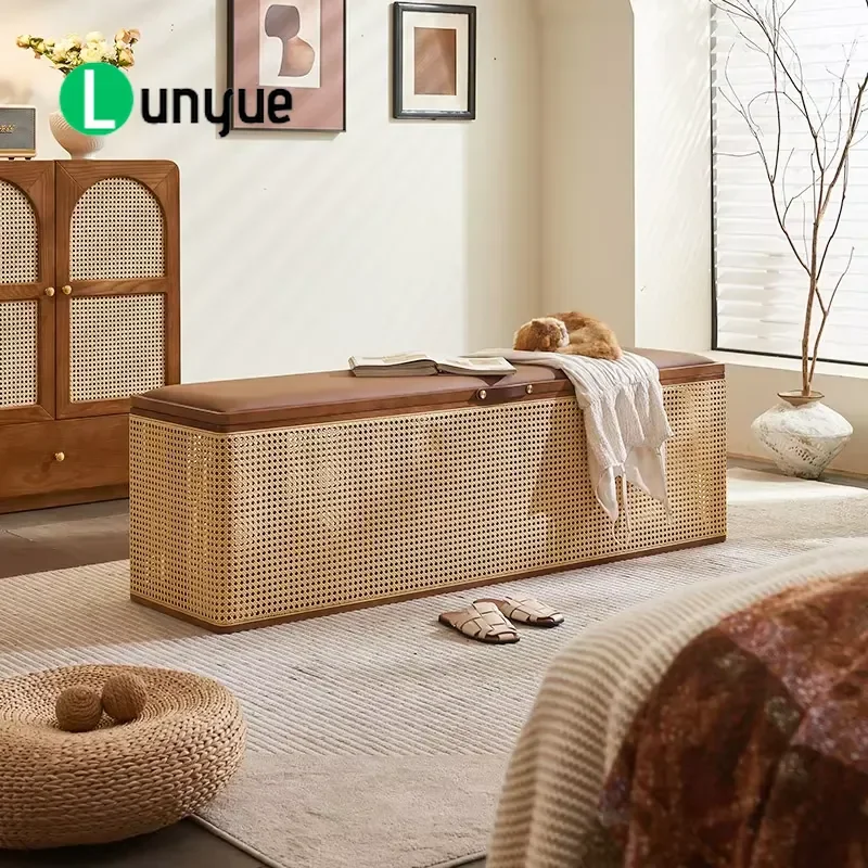 Modern Rattan Shoe Changing Stool Living Room Storage Bench Corridor Organizer Box Multifunctional Home Furniture for