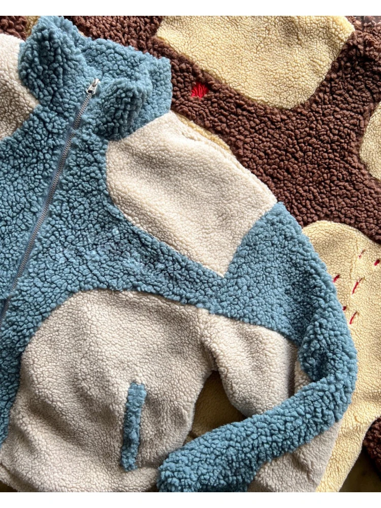 

2000s High Street Trendy Daily Leisure Versatile Color blocked Warm Autumn Winter Fashion Polar Fleece Long sleeved Coat Jacket