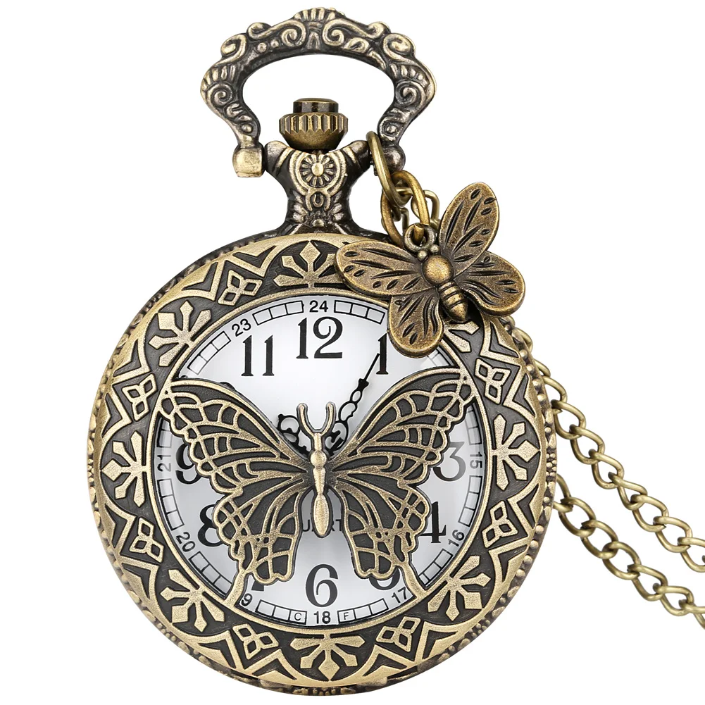 

Elegant Vintage Bronze Butterfly Necklace Pocket Watch Quartz Analog Pendant Chain Pocket Clock Arabic Numerals Round Dial