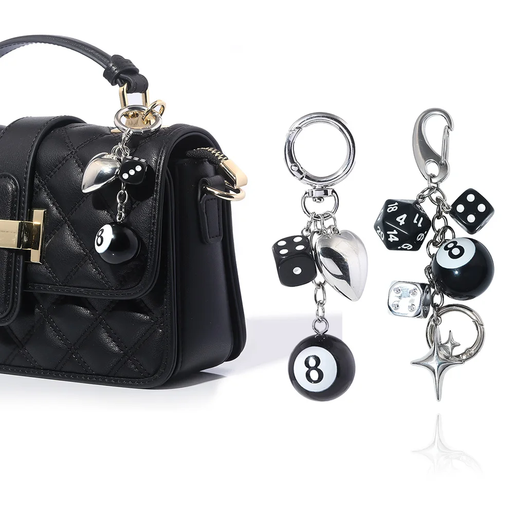Hiphop Black Dice Billiards Keychain Y2K Lucky Dice Starburst Pendant Bag Charms Hangings Punk Cool Ornament Accessories