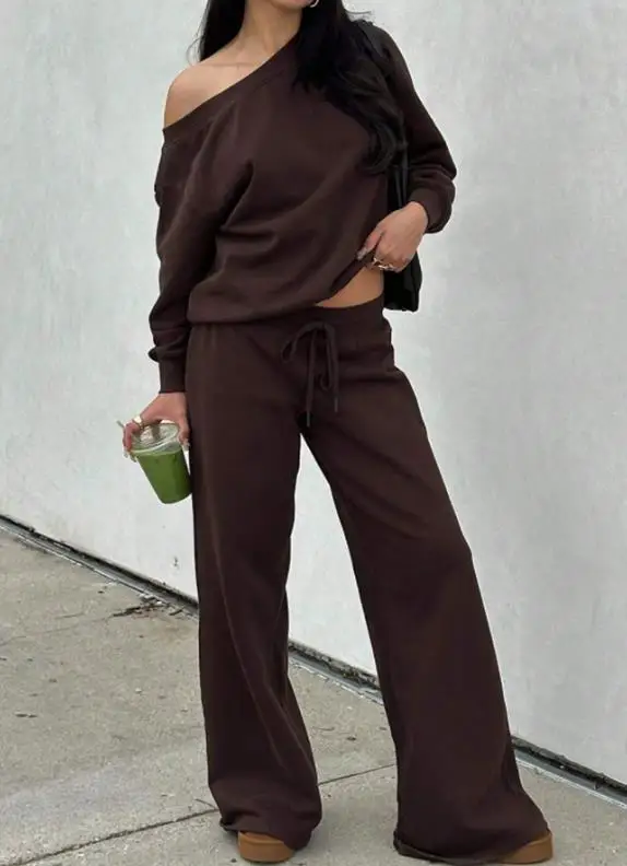 

Two Piece Set Women Outfit 2026 New Spring Autumn Solid Color Diagonal Collar Long Sleeved Top & Straight Leg Casual Pants Set
