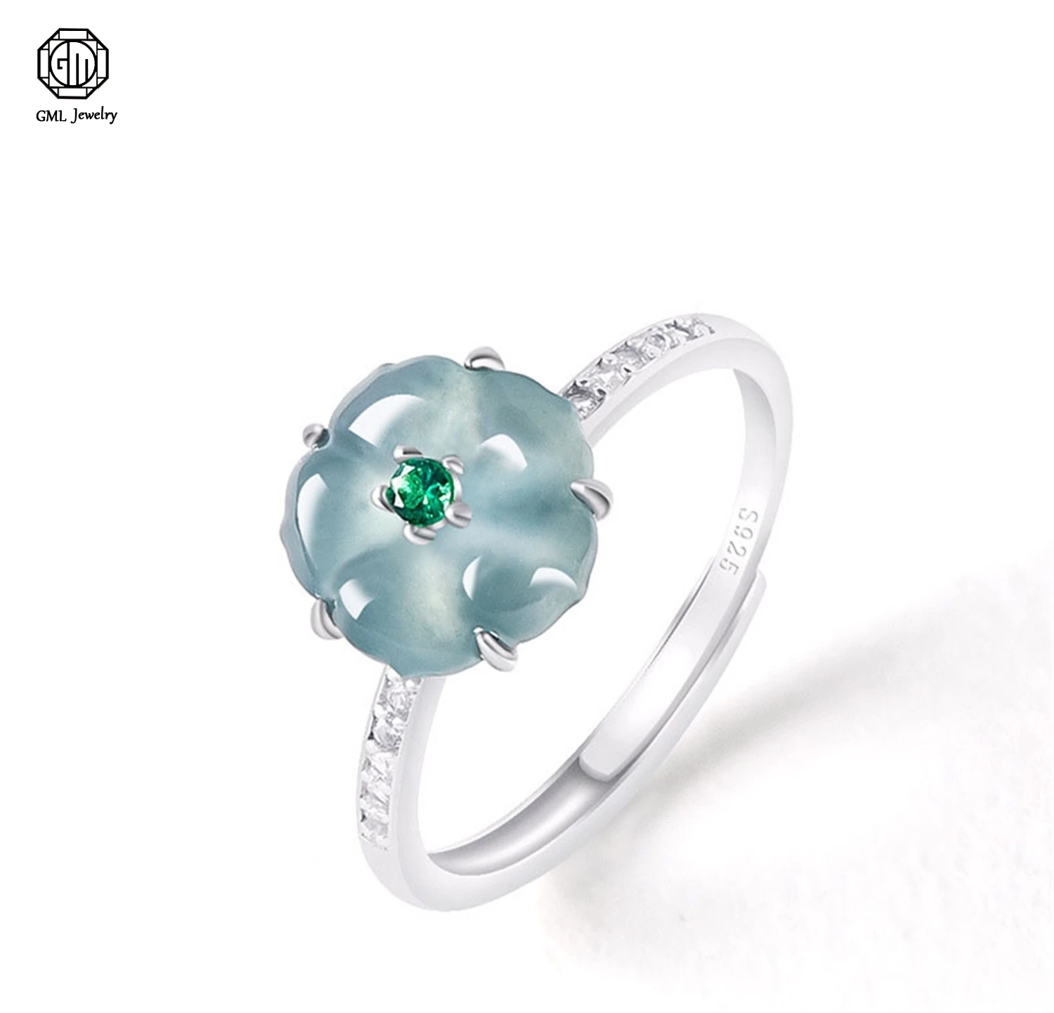 

Natural Type A Jadeite Blue Water Peach Blossom Ring Icy Type Petal Shape 925 Silver Setting Fashion Adjustable for Women Jade