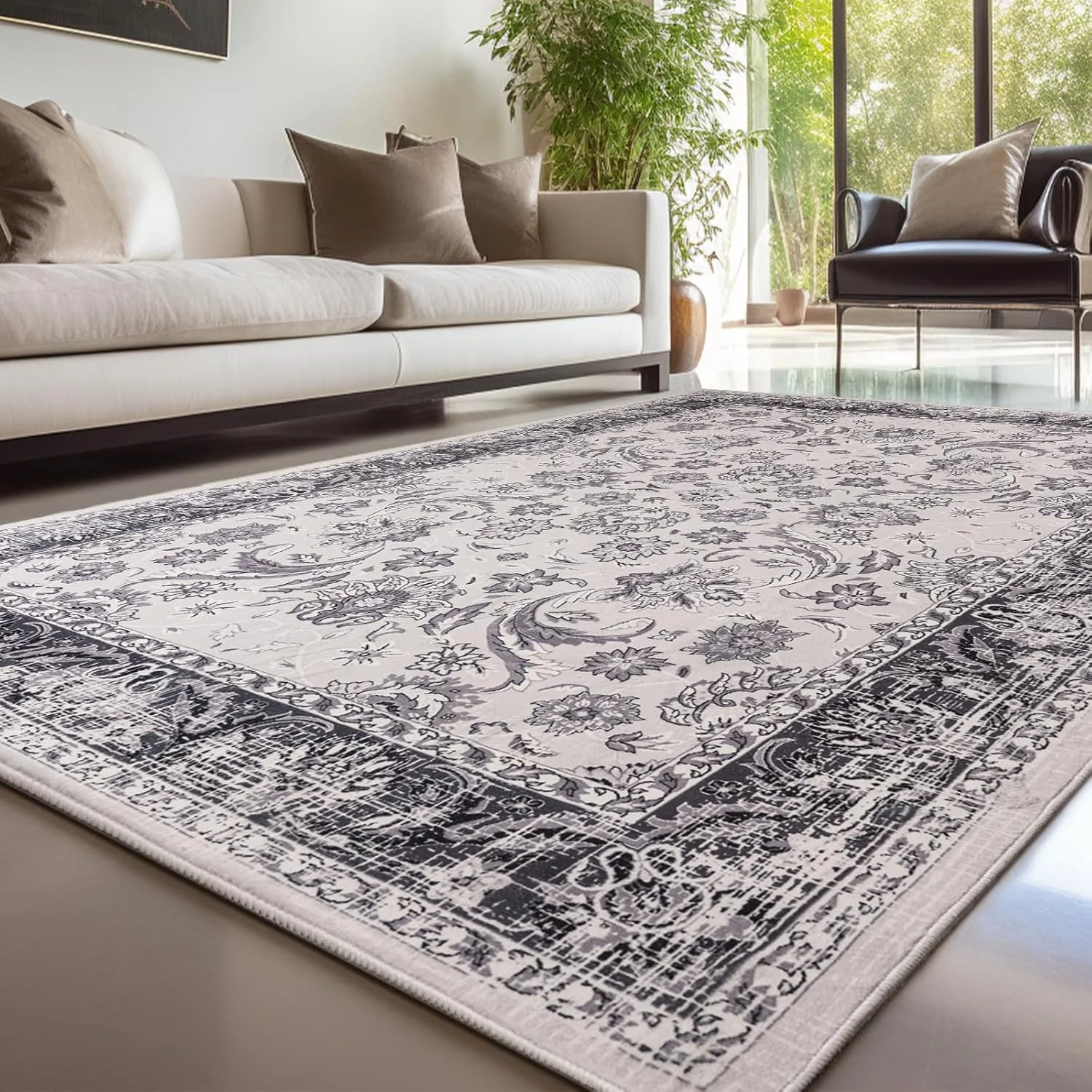 

Area Rugs Washable Non-Slip Kid & Pet Friendly Living Room Carpets Vintage Floral Foldable Thin Low Pile Rug for Bedroom Kitch