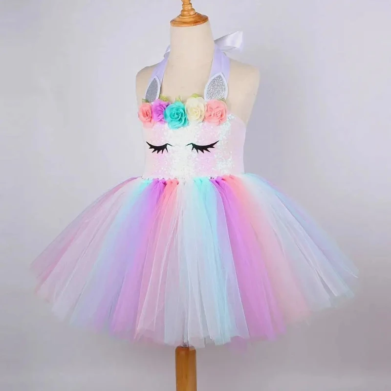 Pastel Flowers Unicorn Costumes for Girls Halloween Christmas Outfit with Wings Horns Bow Kids Sequins Birthday Princess Dresses