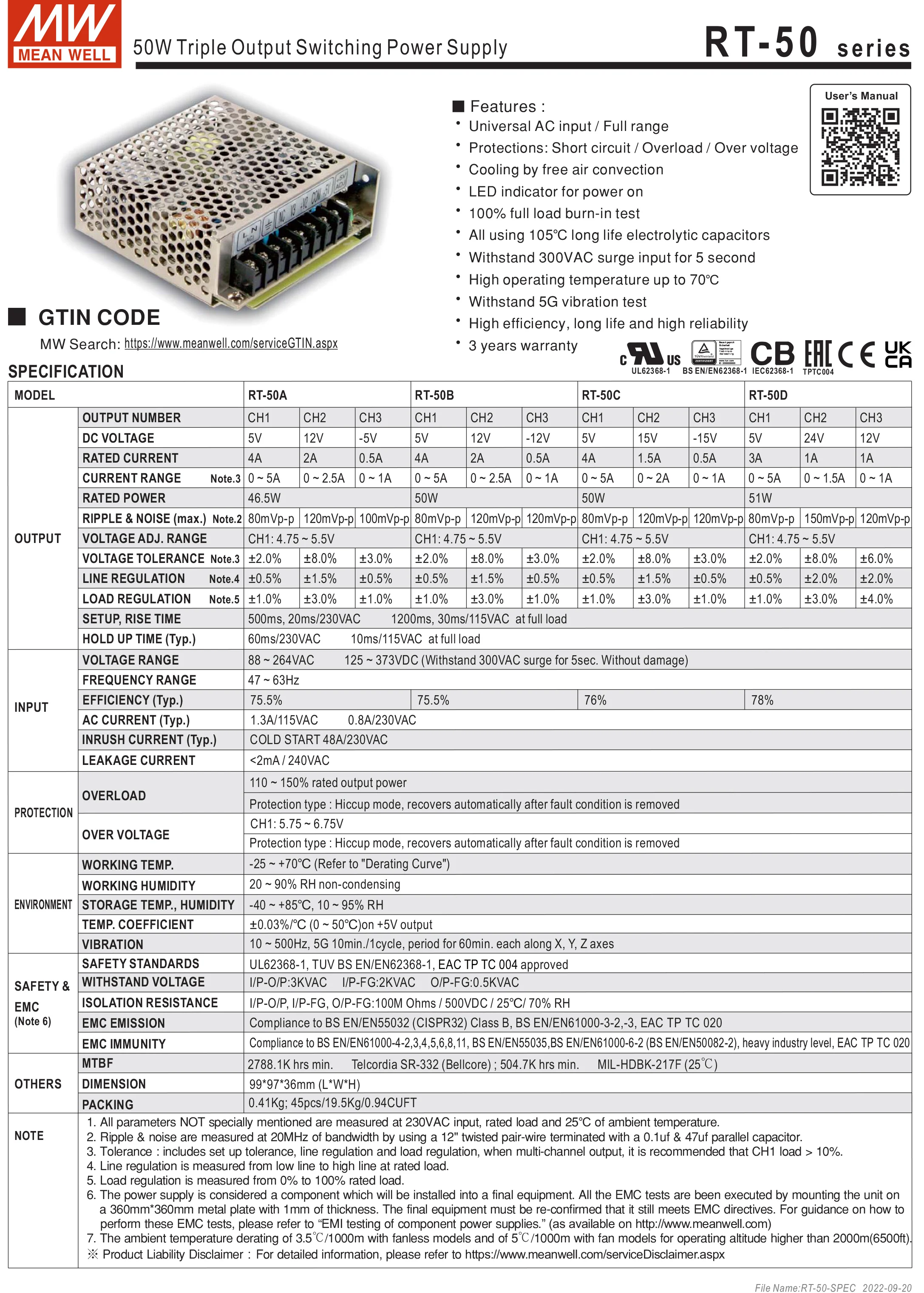 Mean Well RT-50B 5V/12V/-12V AC/DC 50W Triple Output Switching Power Supply meanwell online store