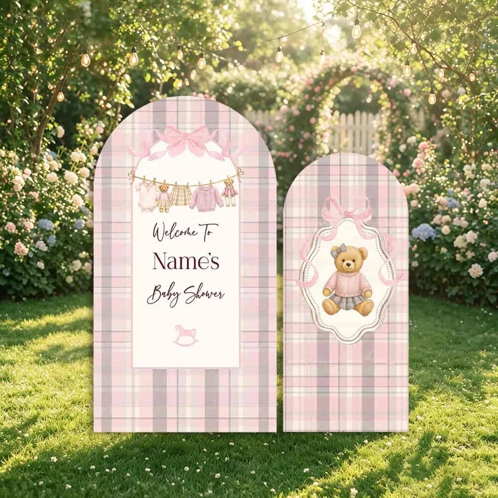 Custom 2-sided Welcome To Name's Baby Shower Arch Backdrop Cover Pink Teddy Bear We Can Bearly Wait Party Background Photo Shoot