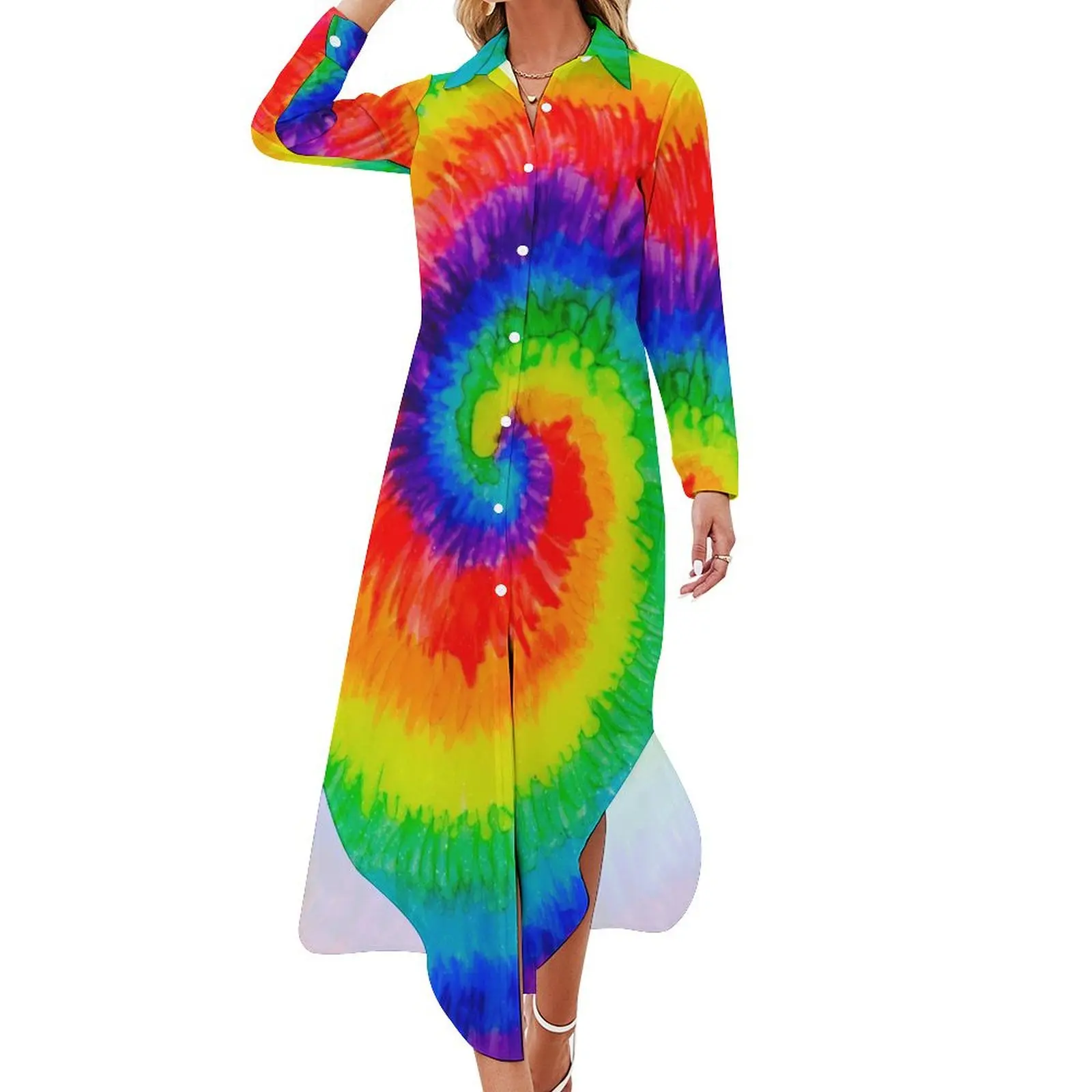 

Rainbow Swirl Chiffon Dress Sexy V Neck Vintage Tie Dye Retro Dresses Women Aesthetic Casual Dress Birthday Gift