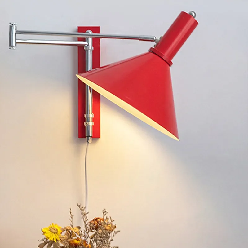 for Medieval Red Rocker Arm Wall Lamp Bauhaus Foldable Long Arm Bedside Study Wall Light Wiring Free Sconce