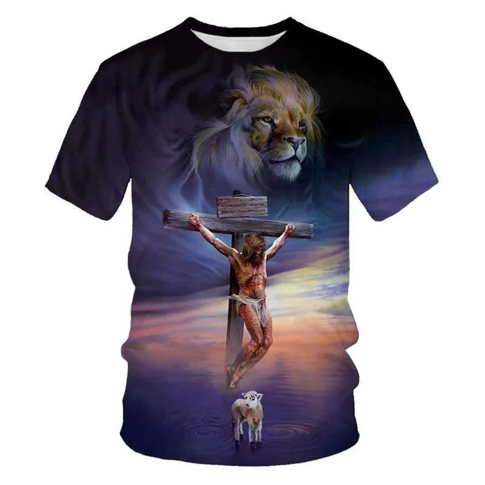 T-shirt Homme Respirant Décontracté à Imprimé 3D Lion Croisé, Design Créatif Mode Estivale, Art Chrétien Personnalisé